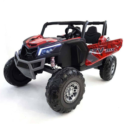 Red 24V two-seat kids ride-on UTV, driver-side profile